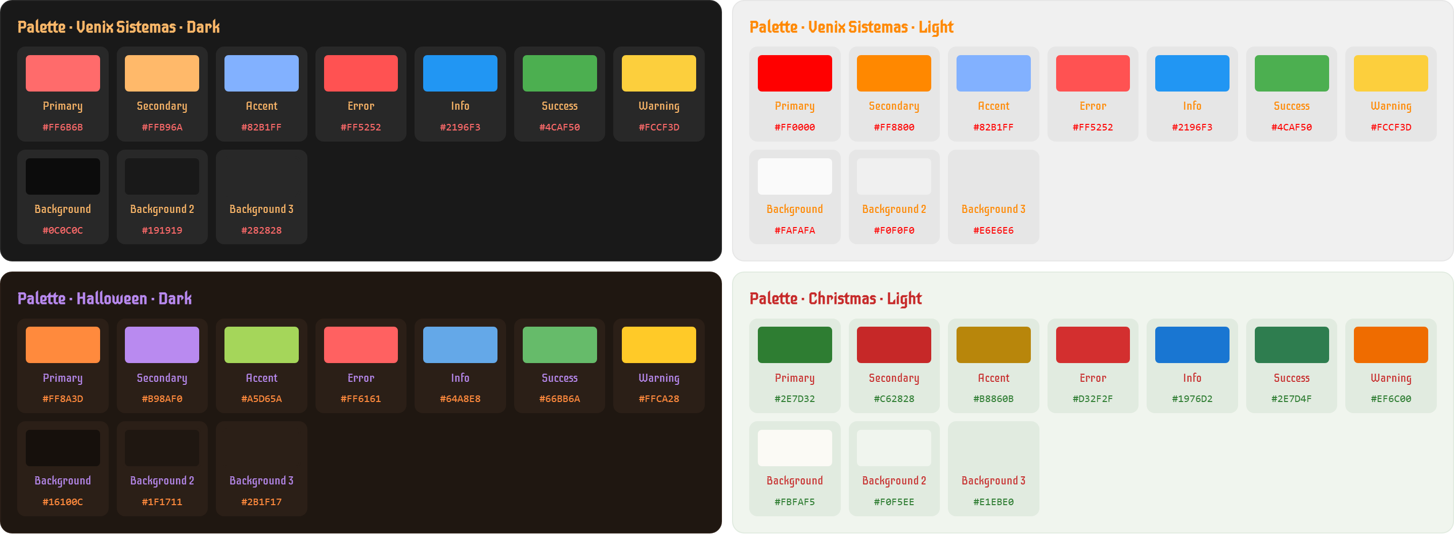 Color palettes: Venix dark and light, Halloween dark, Christmas light