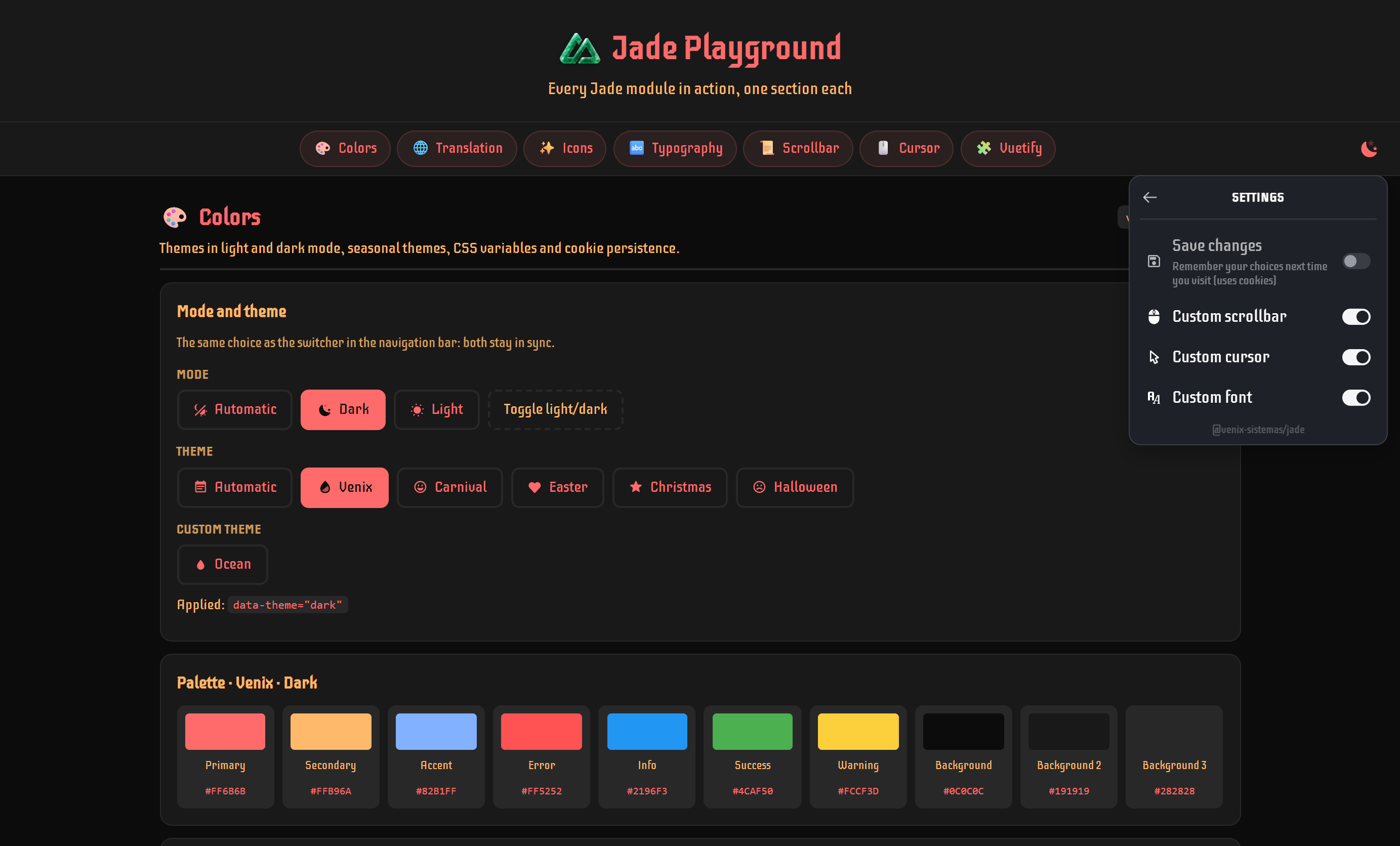 VenixThemeSwitcher settings: Save changes, Custom scrollbar, Custom cursor and Custom font switches
