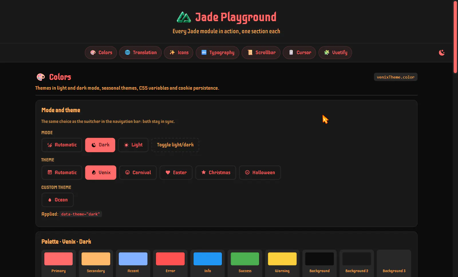 VenixThemeSwitcher going through the dark themes (Venix, Carnival, Easter, Christmas, Halloween, Ocean), then Ocean in light and automatic mode, and its settings turning the custom scrollbar, cursor and font off and back on