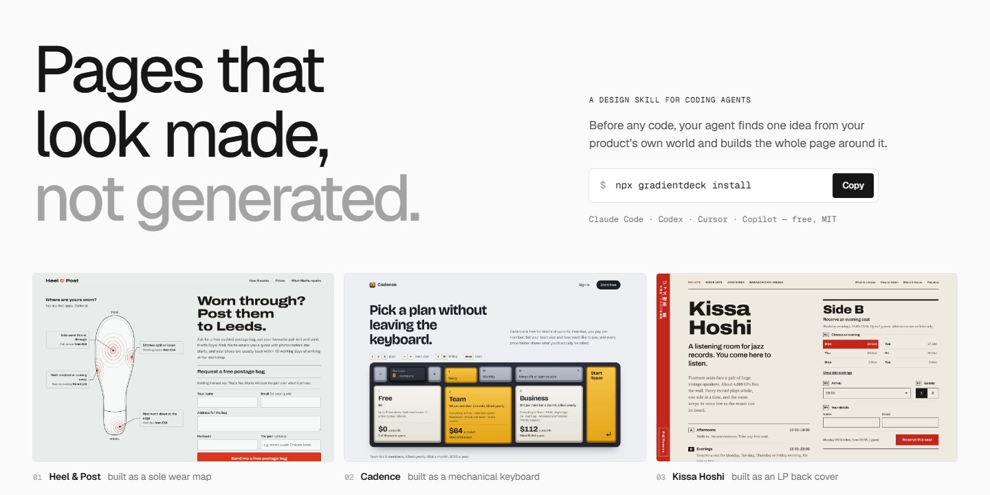Three pages built with GradientDeck: a shoe repair shop drawn as a sole wear map, a pricing page drawn as a mechanical keyboard, and a jazz café drawn as an LP back cover