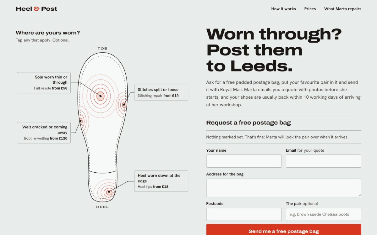 Heel & Post built with GradientDeck: a sole wear map beside a working bag request form