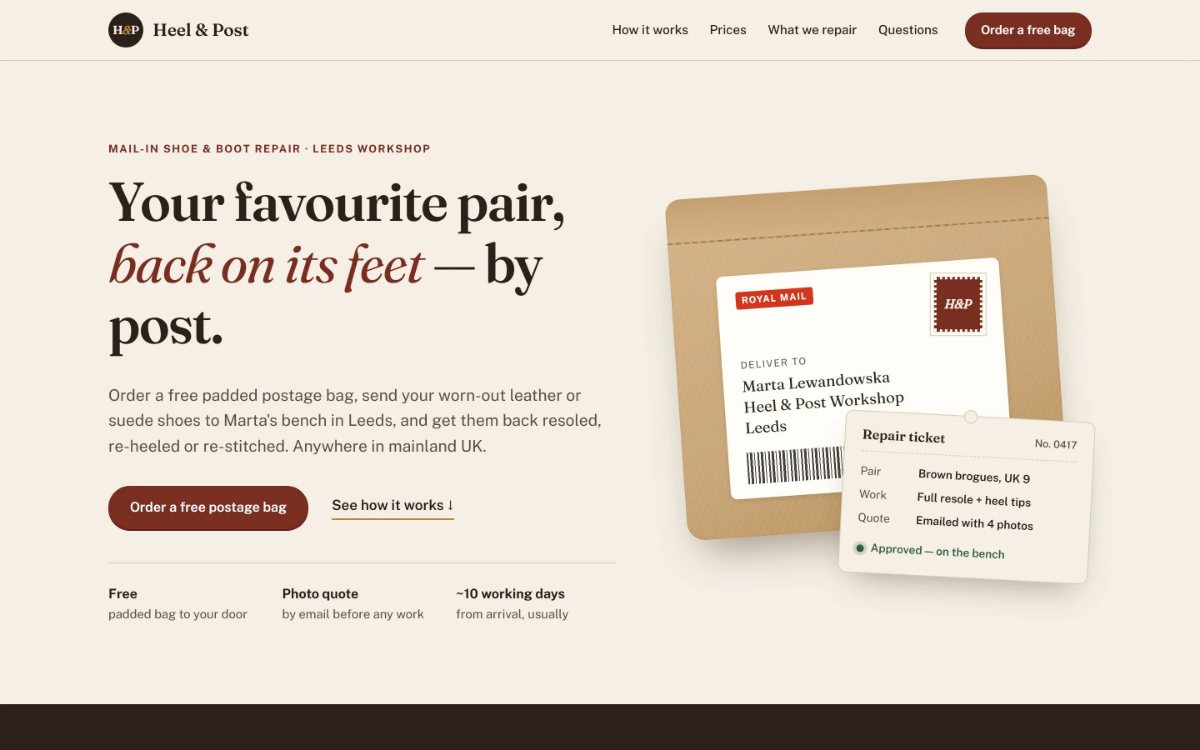 Heel & Post built without the skill: a cream page with a serif headline and a parcel picture