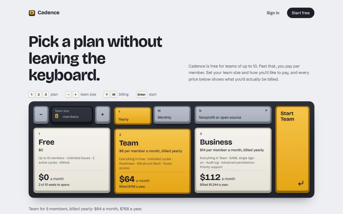 Cadence, a pricing page, built as a mechanical keyboard