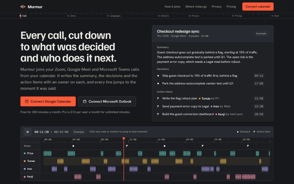 Murmur, AI meeting notes, built as a film edit timeline