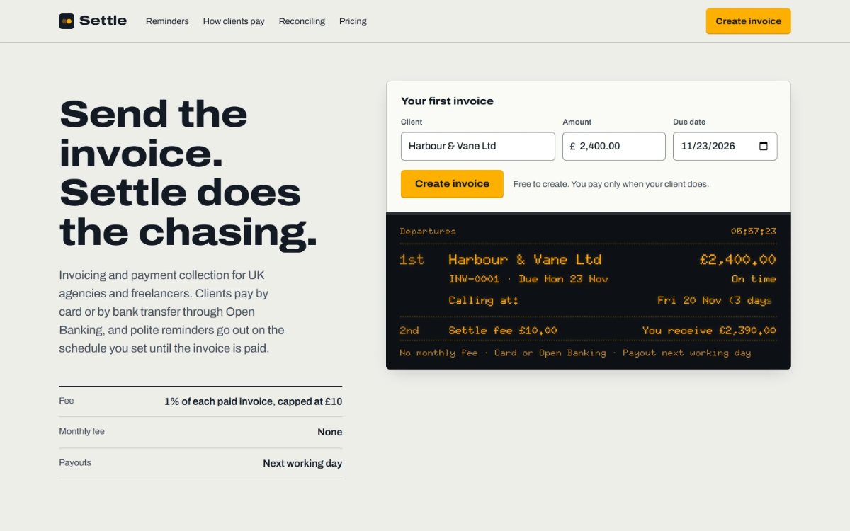 Settle, invoicing for agencies, built as a railway departure board