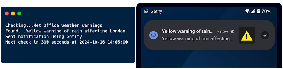 Vigilant running in a terminal and a phone receiving a push notification sent by Vigilant using Gotify.