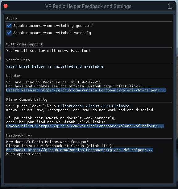 VR Radio Helper Settings Screenshot