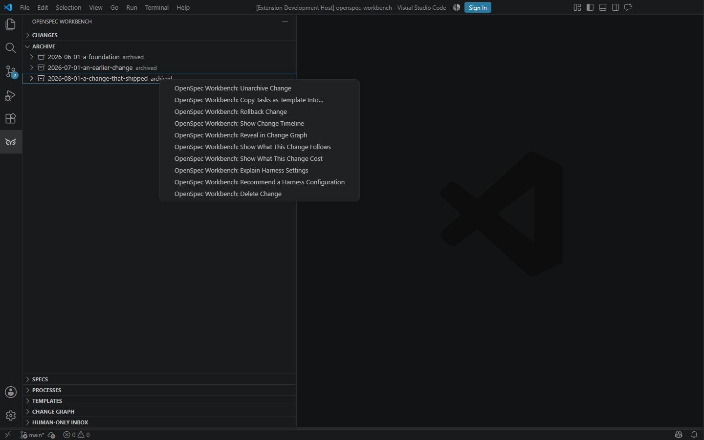 Archived change context menu: unarchive, copy tasks as a template, rollback, show the change timeline, reveal it in the change graph, show what it follows, show what it cost, explain and recommend harness settings, and delete