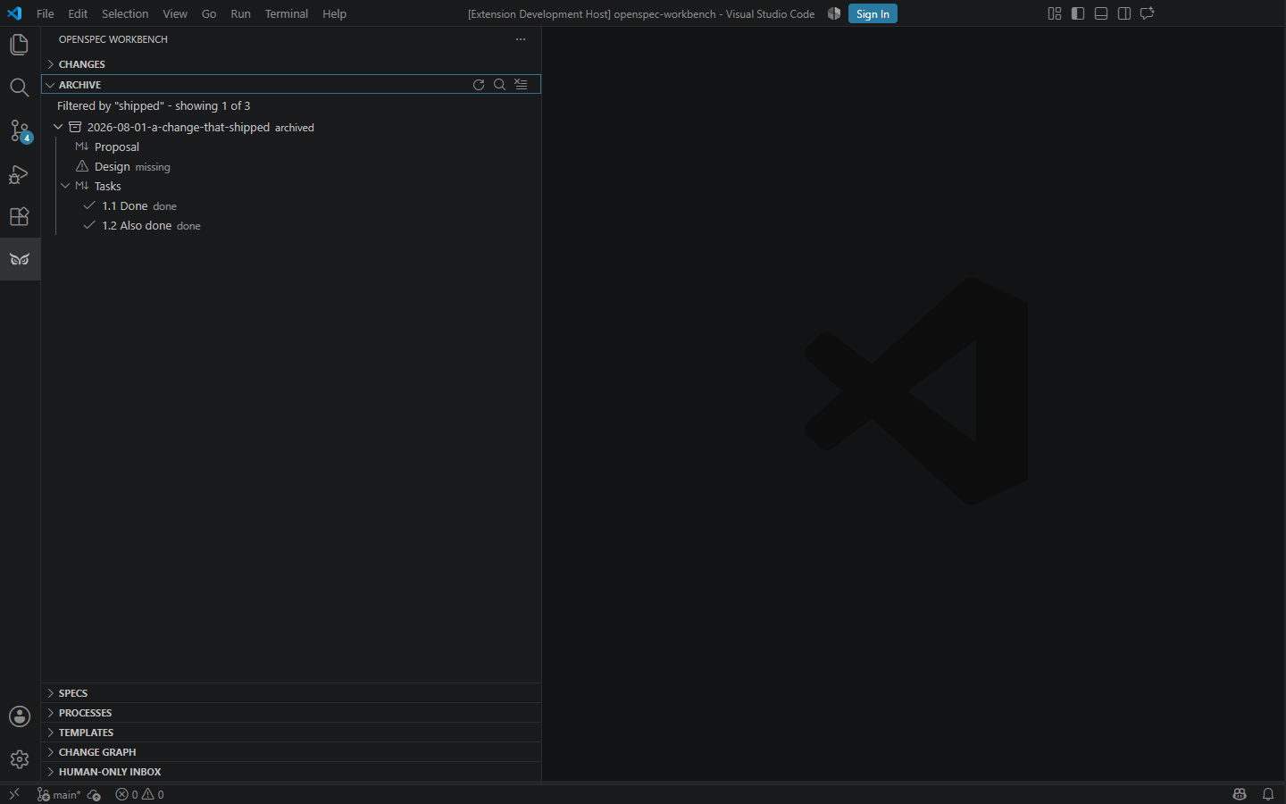 The Archive view narrowed by a filter, reading: Filtered by "shipped" - showing 1 of 3