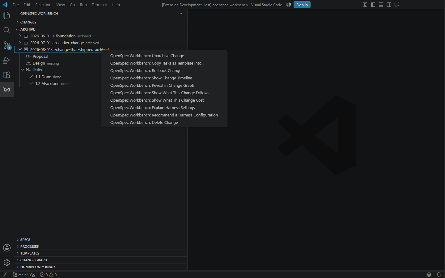 Expanded archived change tasks beside the archive context menu