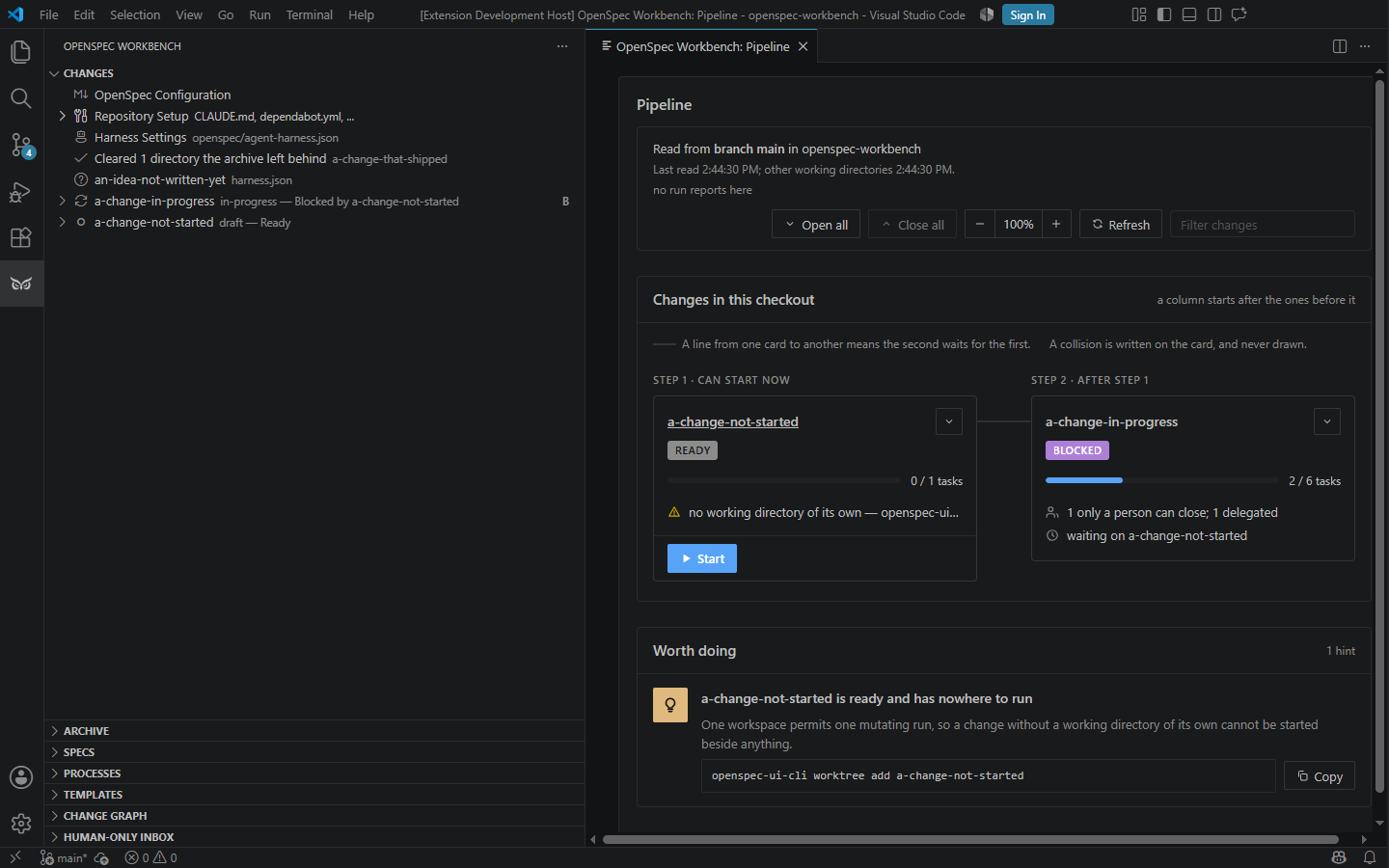 The Pipeline panel in VS Code with two ready changes as cards, each with Start and Show tasks, and the worktree command suggested for each