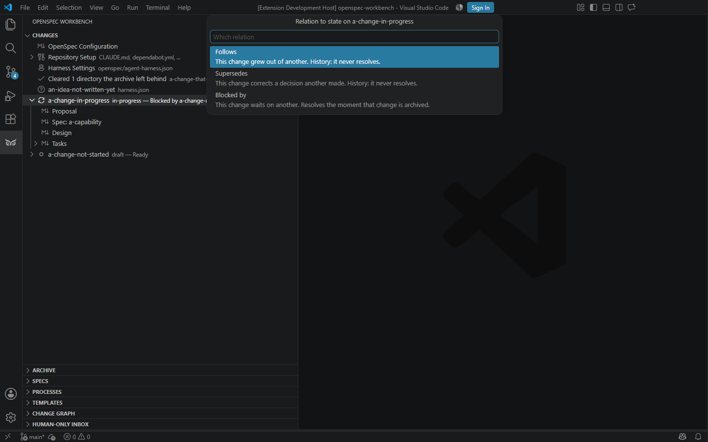 The relation picker open over the Changes view, offering Follows, Supersedes and Blocked by with what each one means