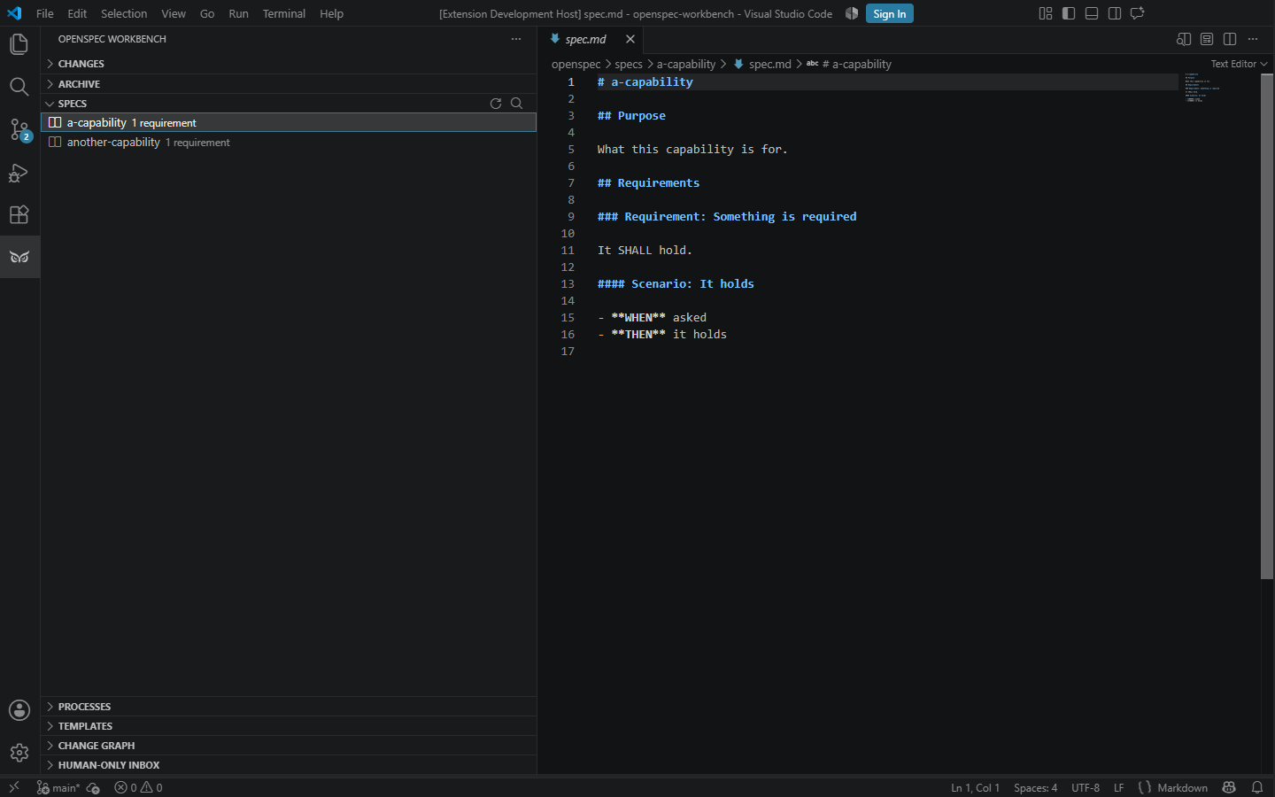 Canonical spec selected in the Specs tree and open in the VS Code editor