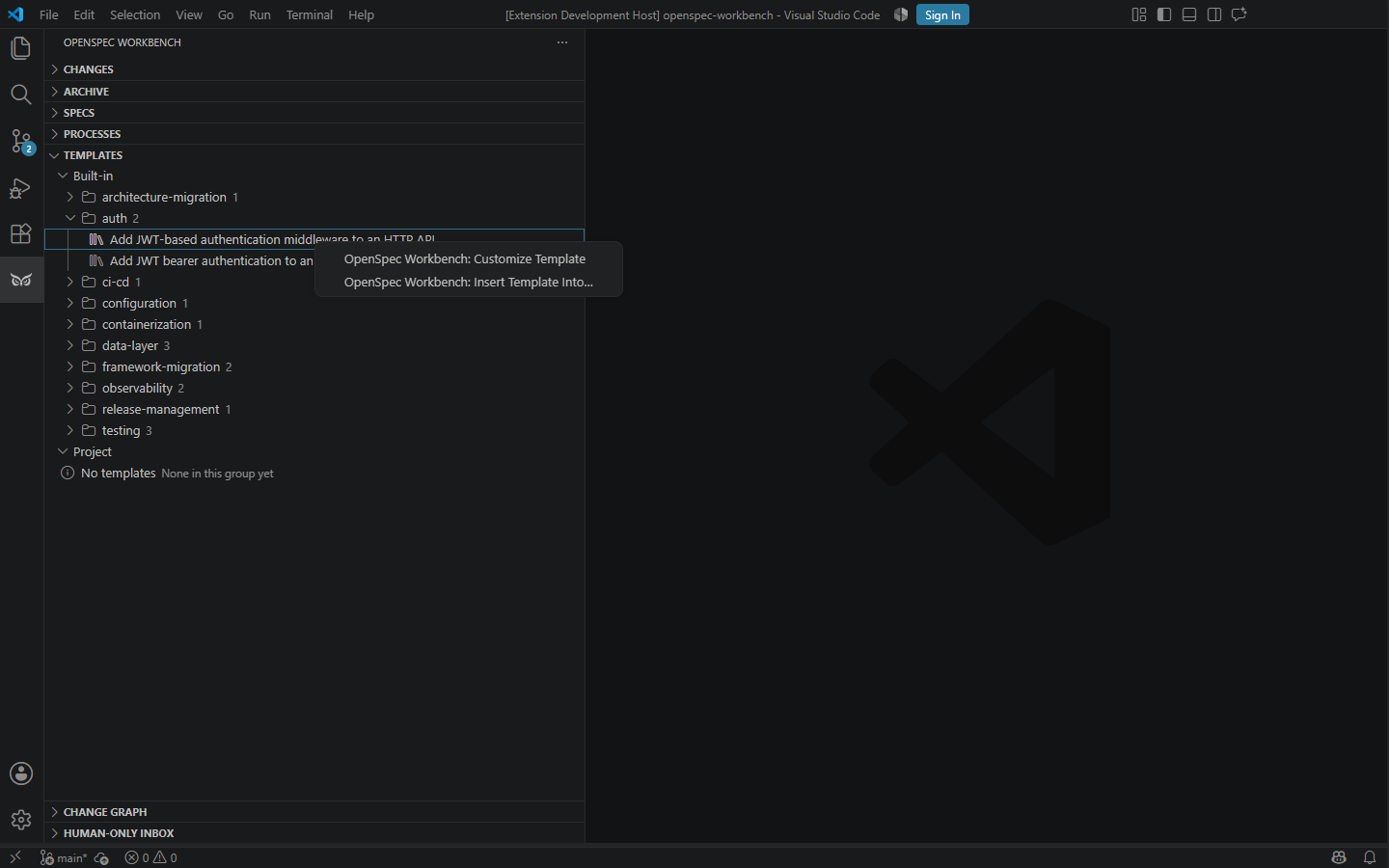 Template context menu with customize and insert actions
