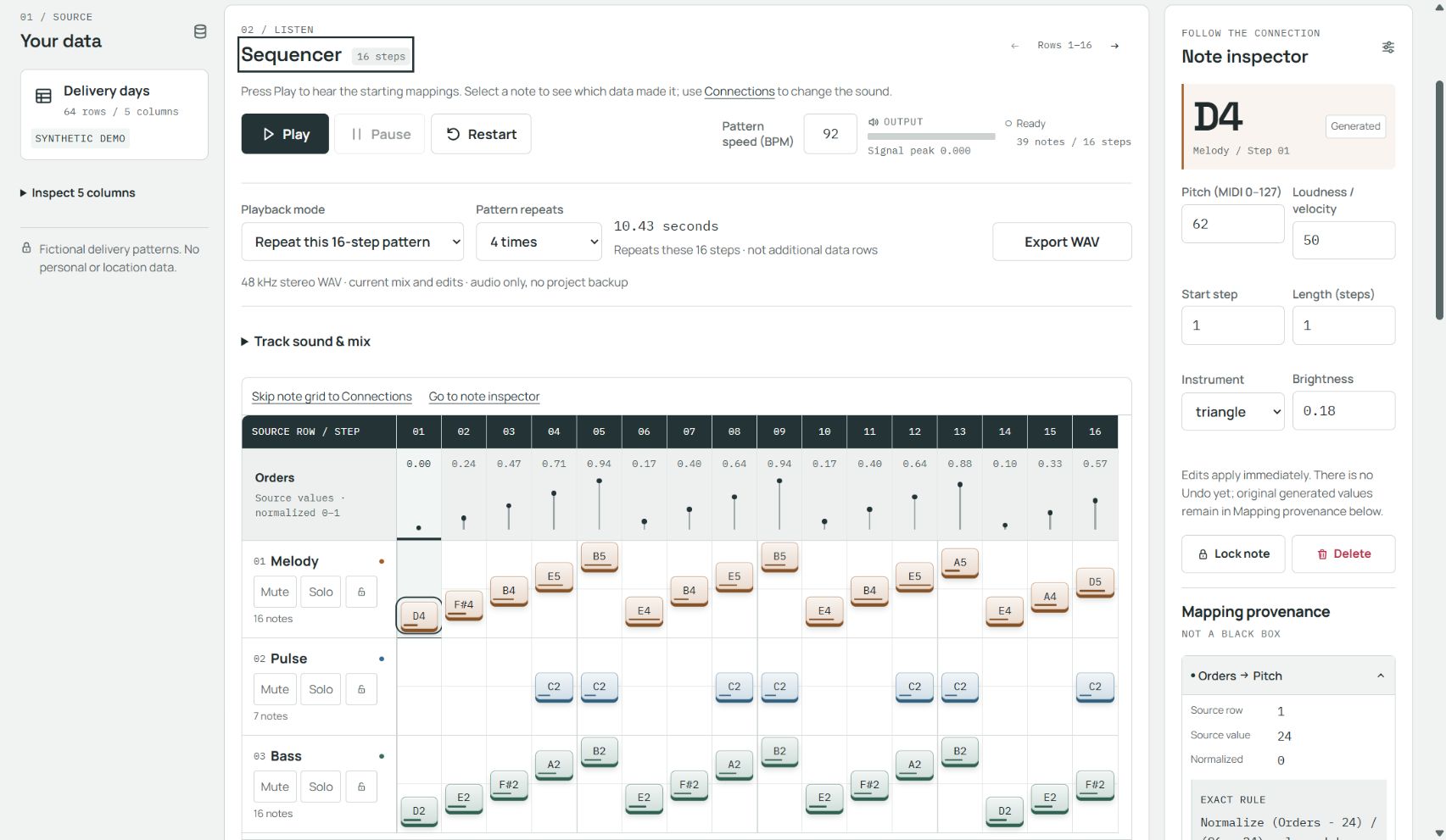 Actual Lingji studio with source data, three-track score, and selected-note provenance.