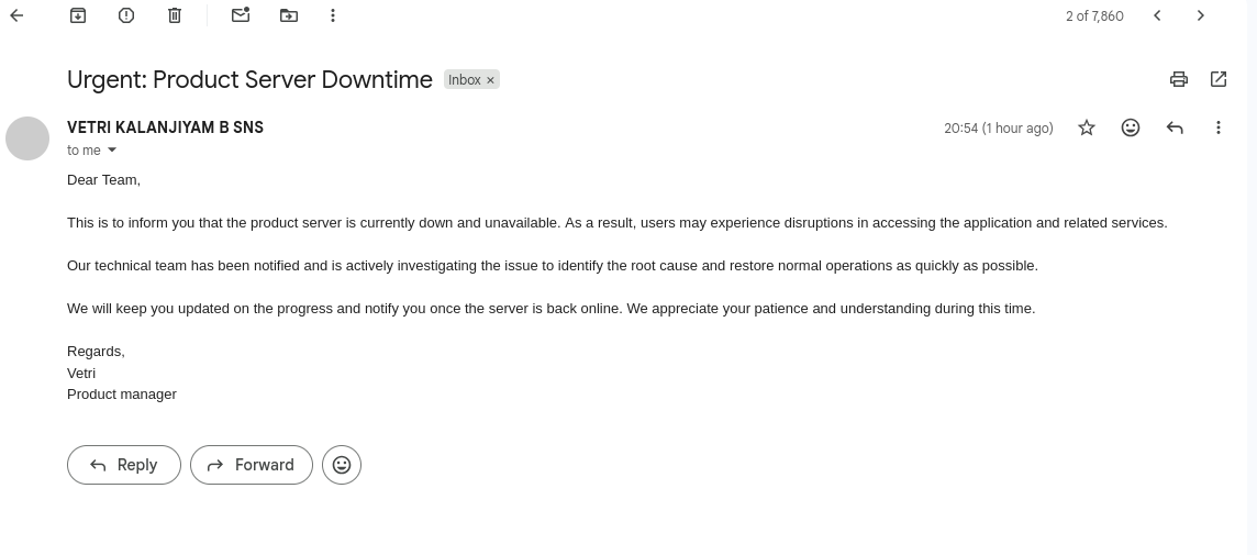 Production-style email needing attention
