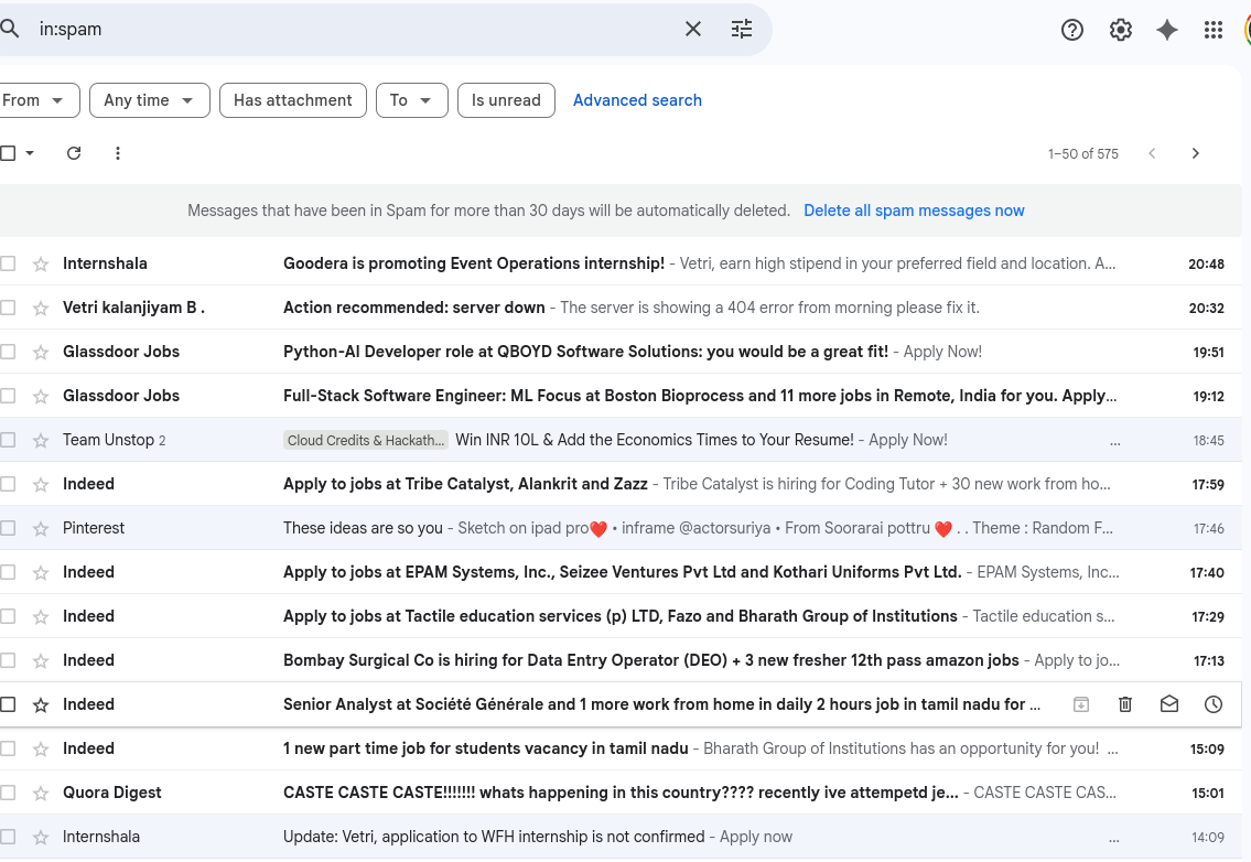 Mixed inbox: spam, notifications, and critical mail