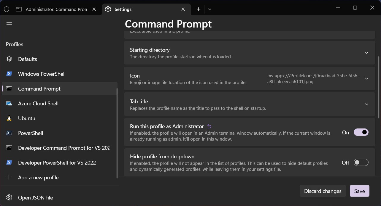 Automatically launch an admin windows terminal profile