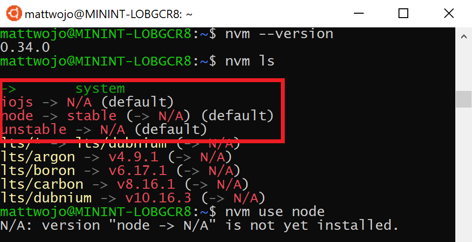Ubuntu terminal displaying node not installed