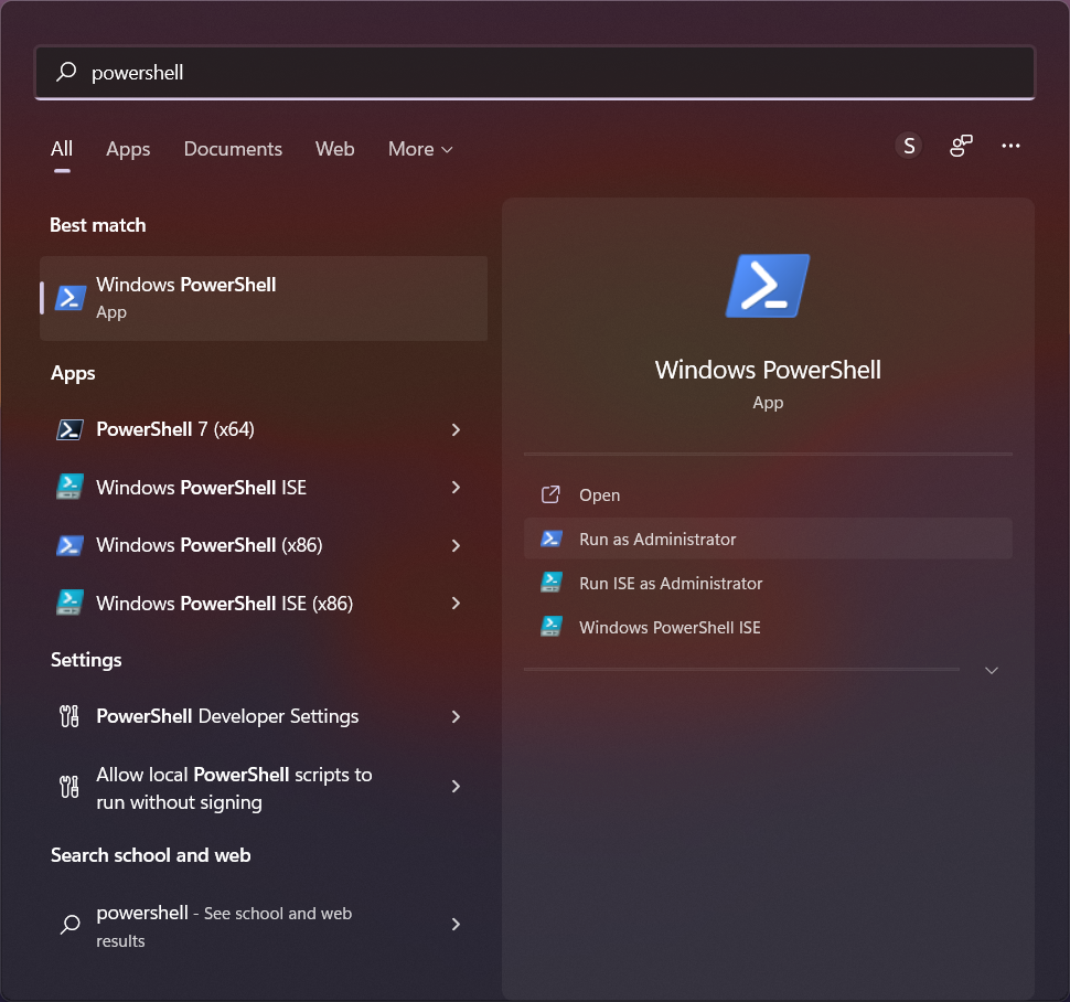 Search powershell from the start menu