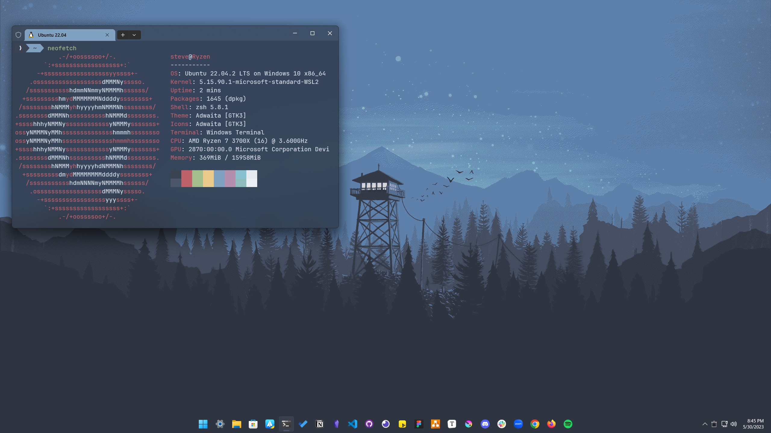 Windows 11 desktop screenshot with a WSL2 Windows Terminal open