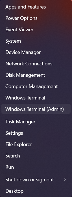 Right-clicked Windows start menu