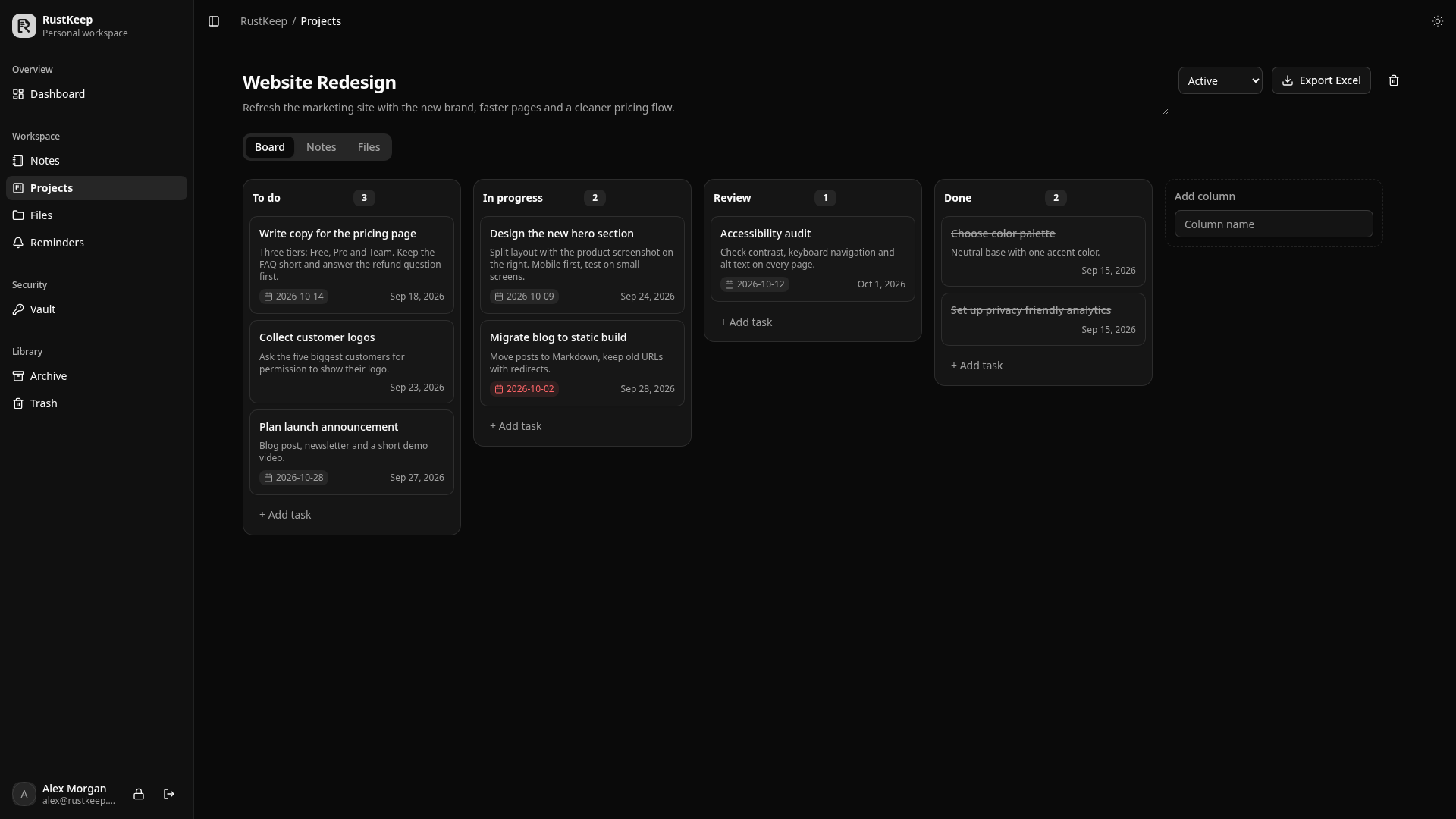 RustKeep kanban proje panosu