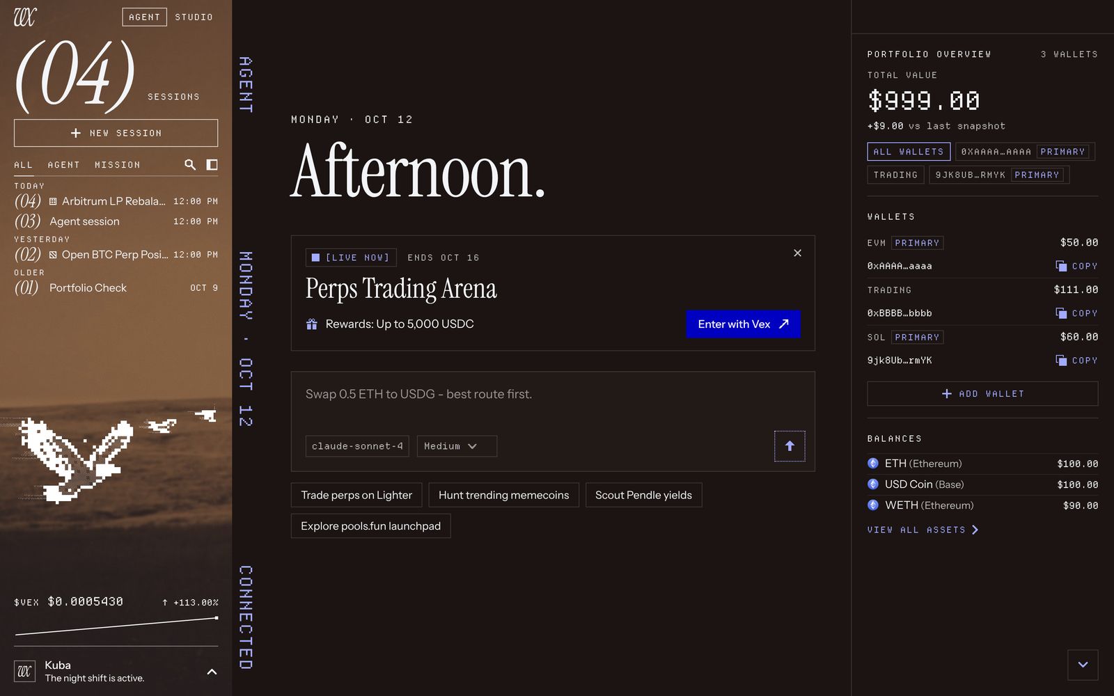 The VEX 0.4.0 welcome page in the dark theme