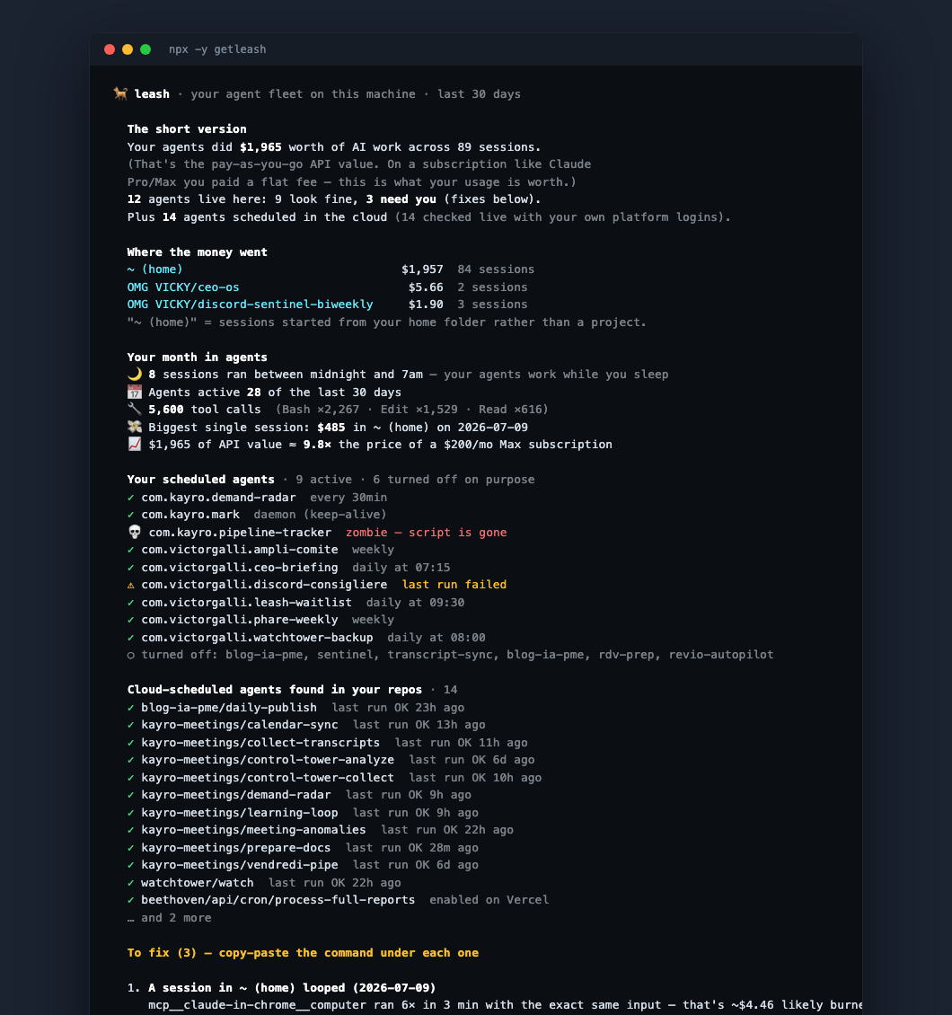 leash terminal report: fleet value, scheduled agents health, cloud agents checked live, copy-paste fixes