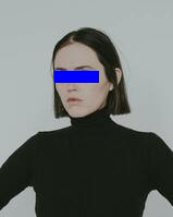 Thin horizontal blue bar over woman's eyes