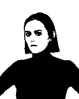 Black and white silhouette with background and woman's face as white, hair and sweater black