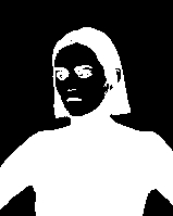 Black and white silhouette with background and woman's face as white, hair and sweater black