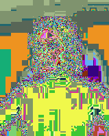 Random colored pixels in rough outline of woman