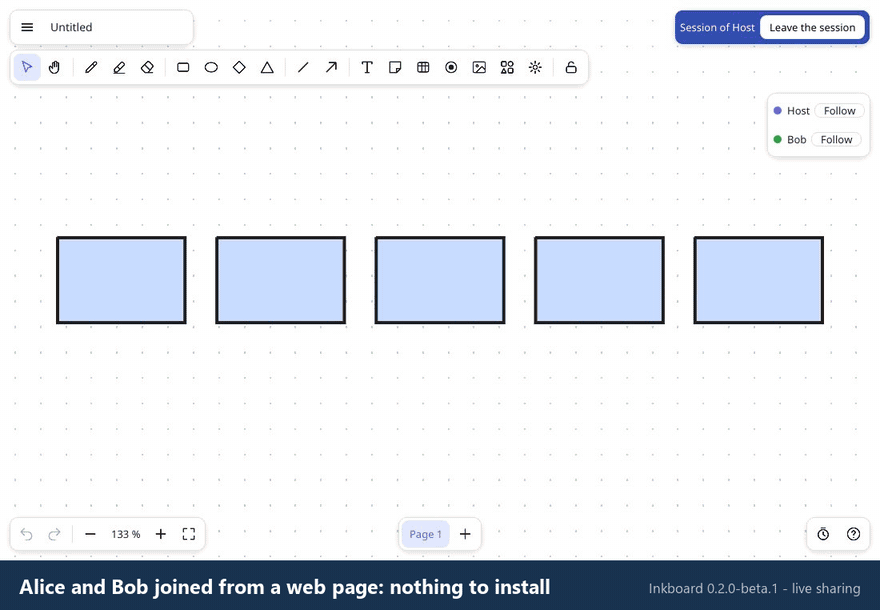 Two browser guests and an AI agent editing the same board
