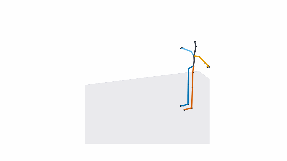 A walking skeleton rendered with three faded ghost poses trailing behind it and its root path traced on the floor
