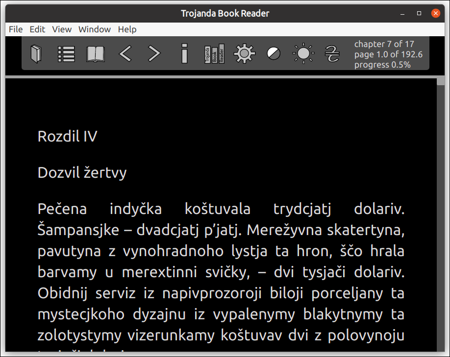 Trojanda Book Reader — Dark romanized mode