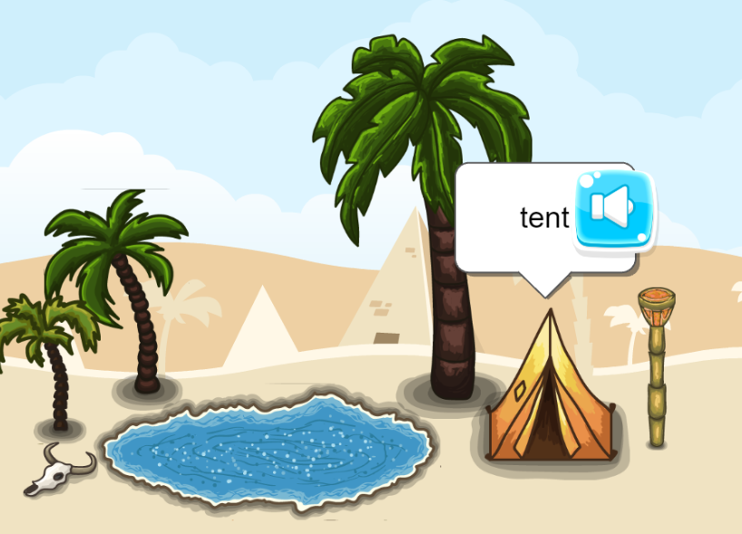 Screenshot with tent, lake, and palm tree in a desert