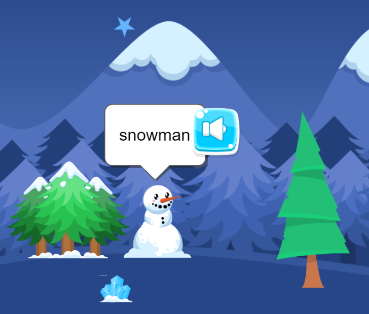 Screenshot with snowy mountains, a snowman, and pine trees