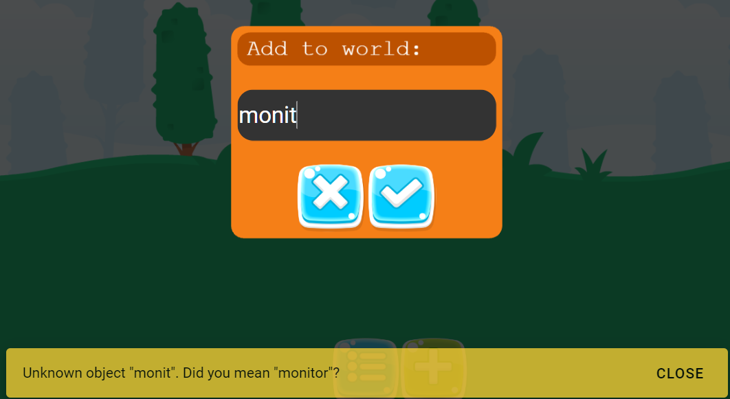 Screenshot with a dialog adding a 'monit' and a message popup asking if the user meant 'monitor'