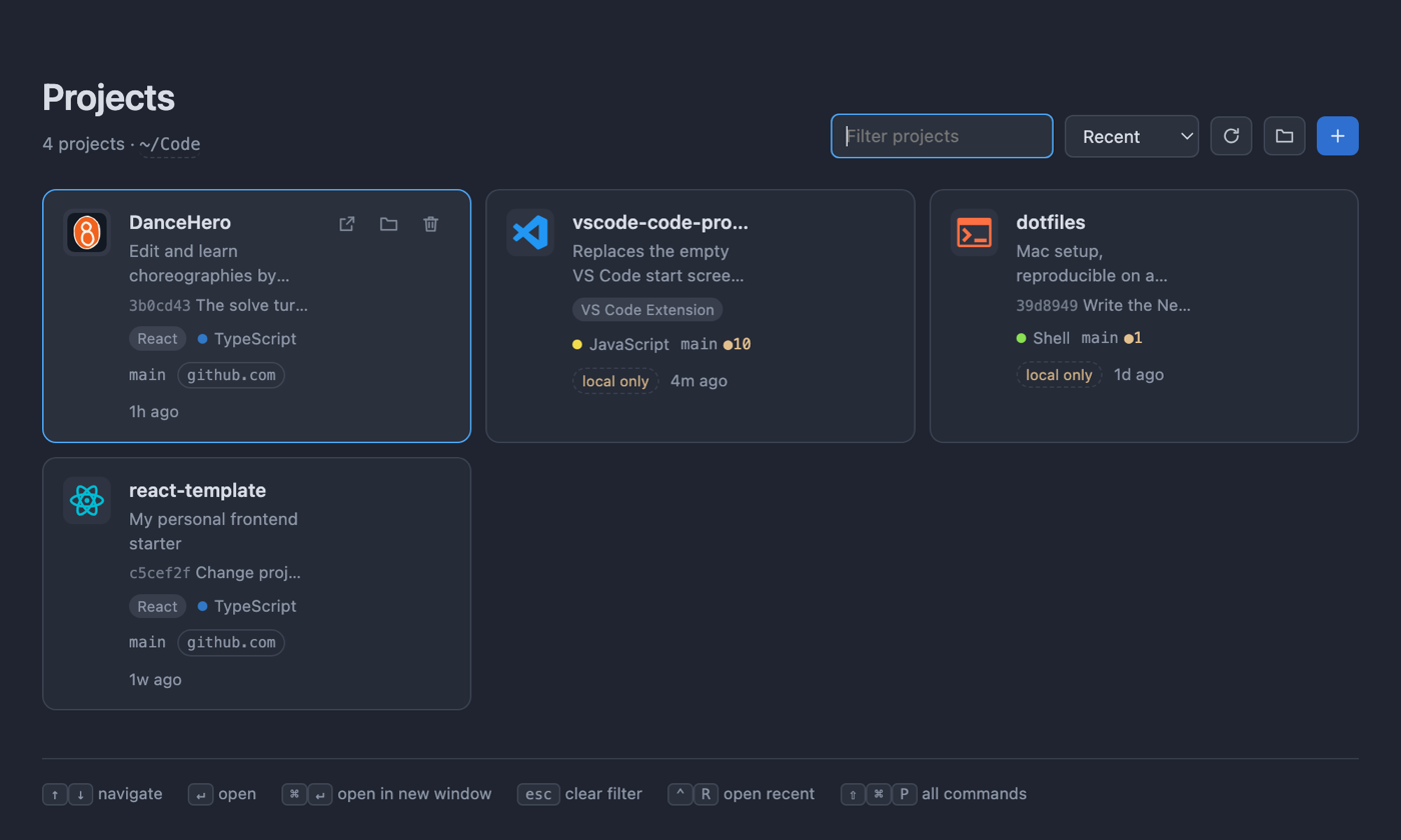 The dashboard listing four projects