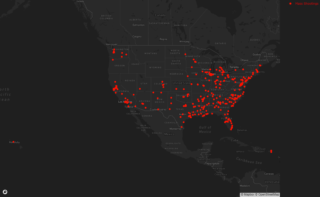 Map showing all the different locations accross the USA where there have been mass shootings.