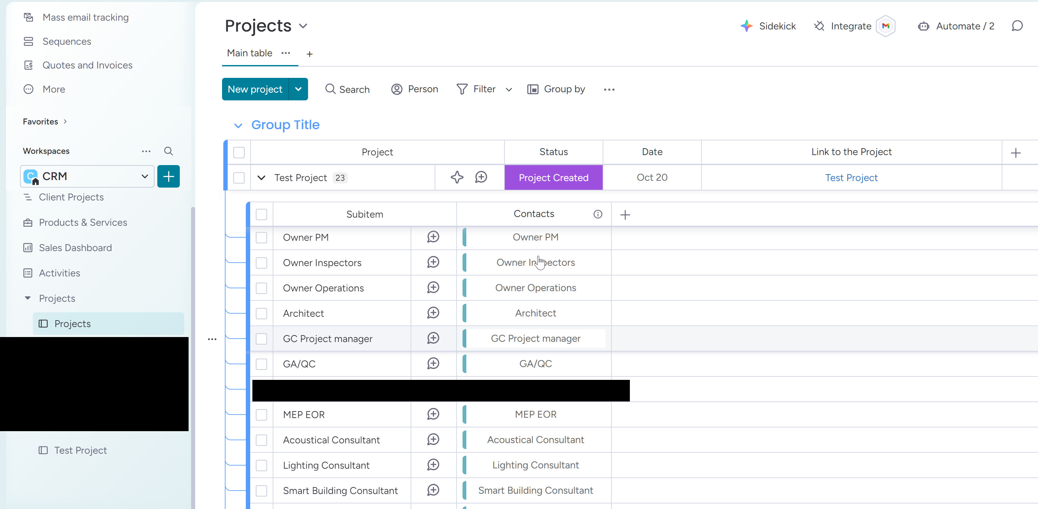 Main Projects board subitems showing role assignments