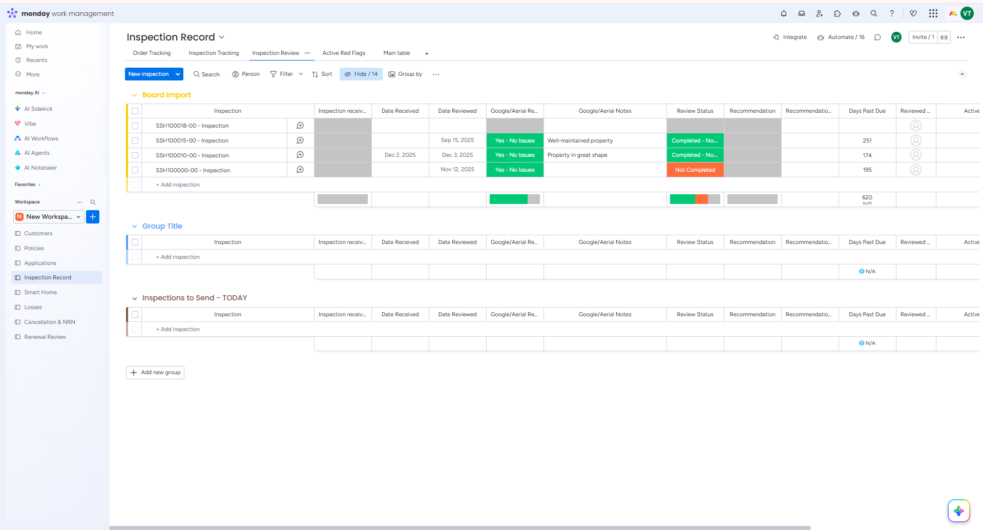 Inspections board in Monday.com