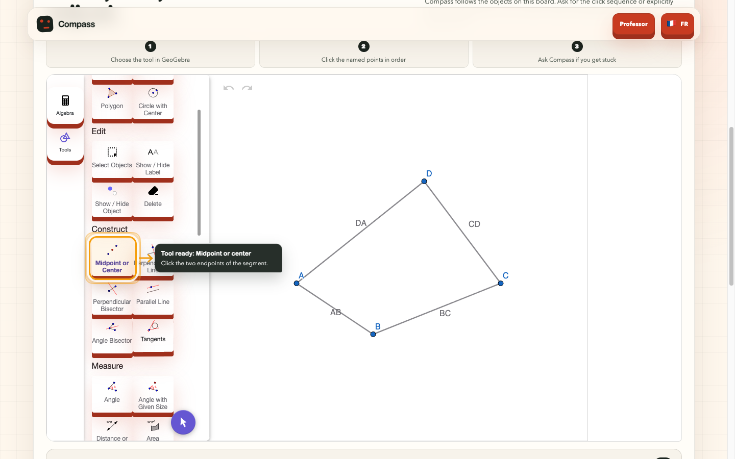 Compass points to the Midpoint tool in GeoGebra