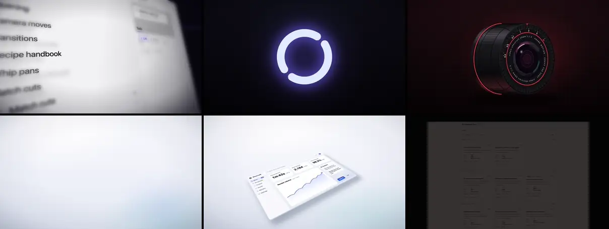 Six Gallery shots, left to right, top to bottom: graze-face-tour, logo-shrink-wordmark-lockup, panel-grid-moves, product-card-progressive-assemble, space-camera-moves · exploded-view, spotlight-hero-card