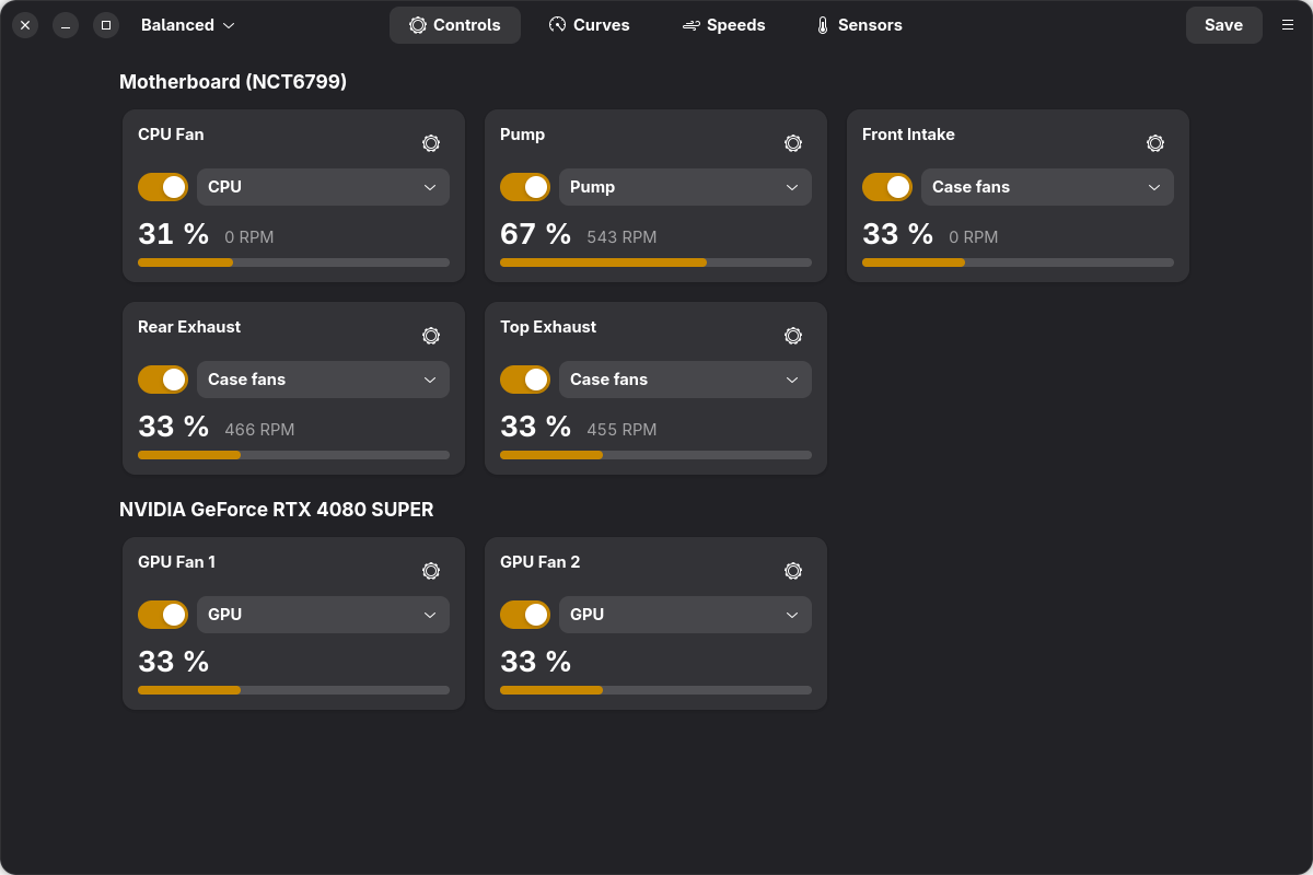Fan controls, dark theme