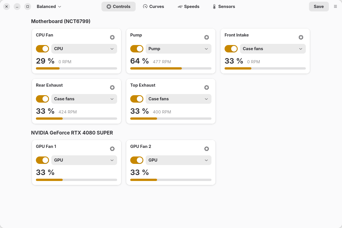 Fan controls, light theme