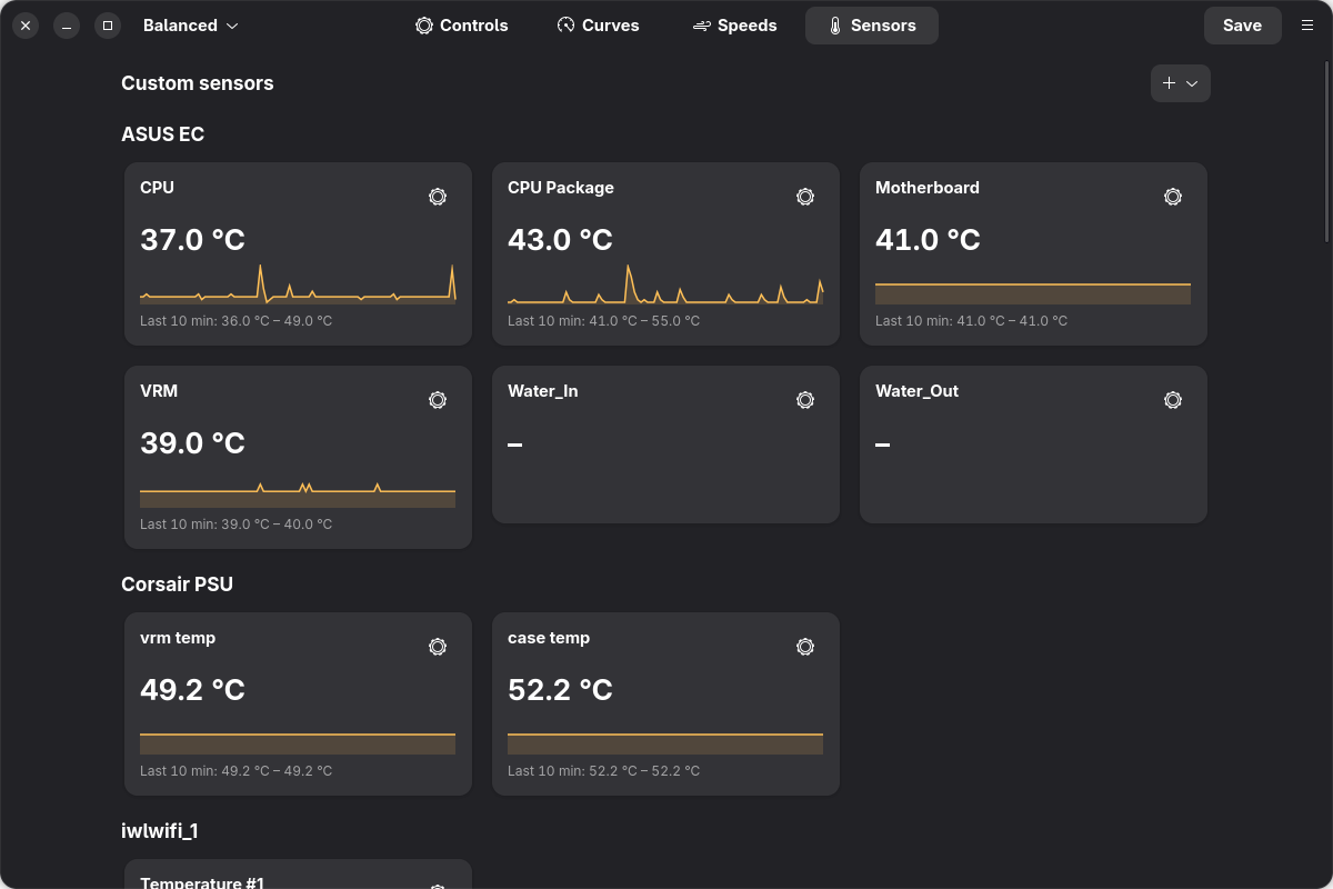 Sensors with history graphs, dark theme