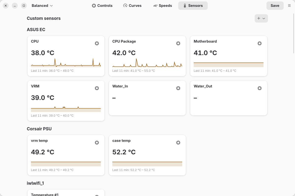 Sensors with history graphs, light theme