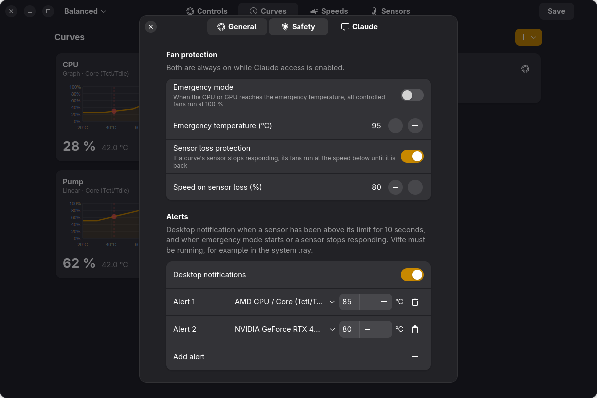 Safety settings and alerts, dark theme